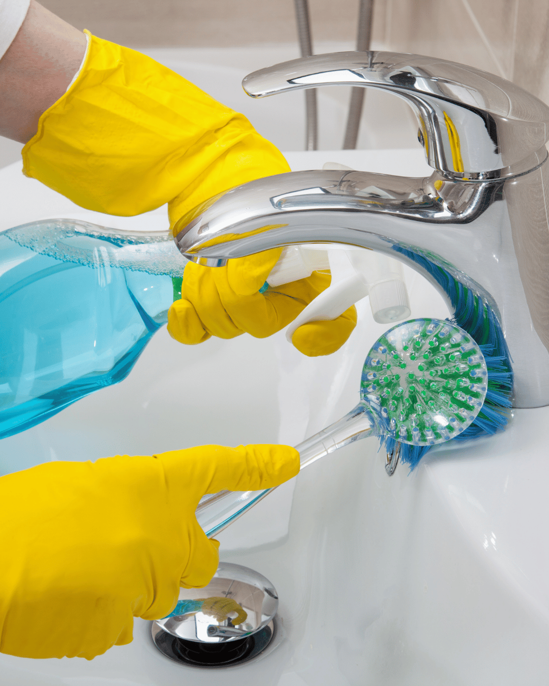 Woman scrubbing the bathroom.